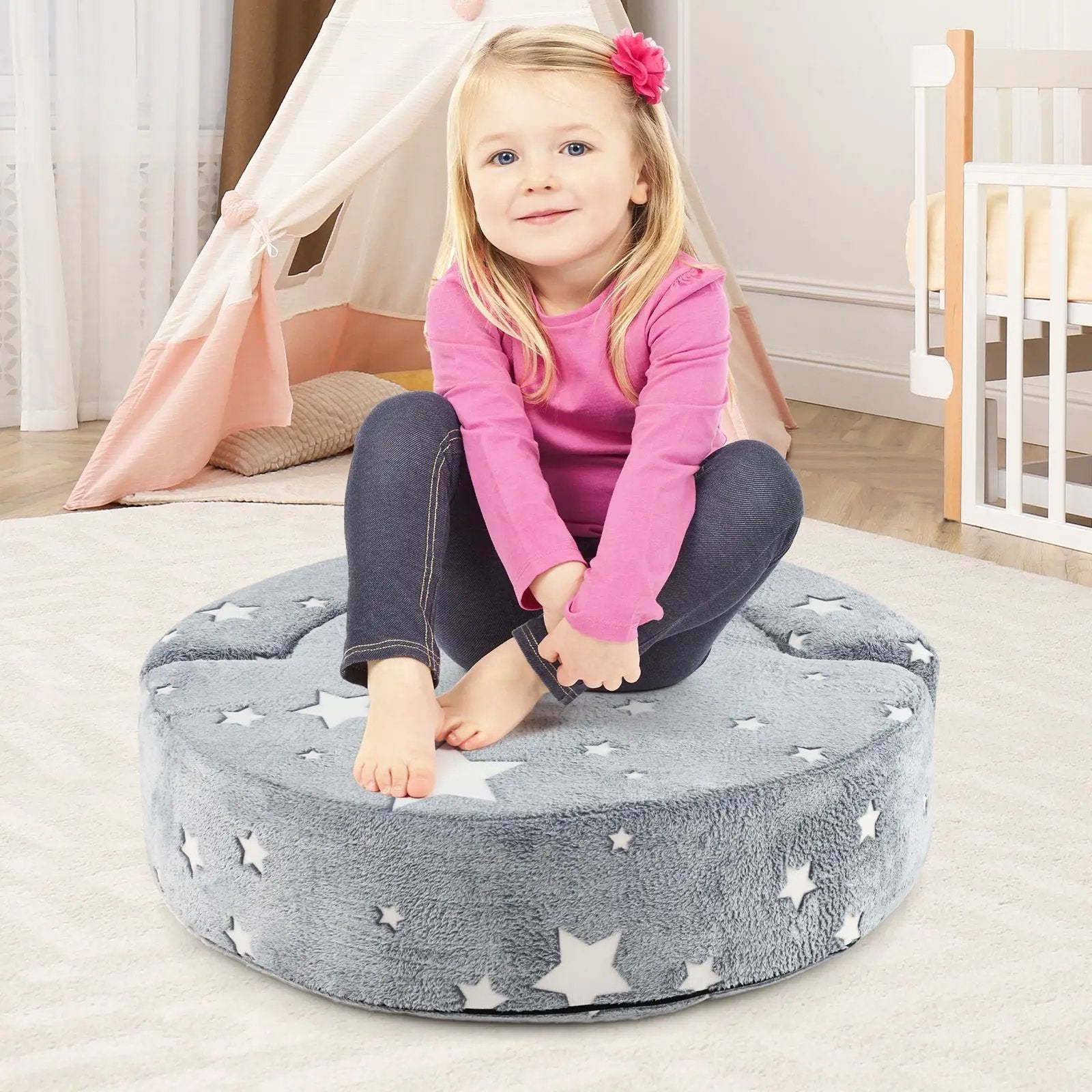 2-in-1 Convertible Glow in the Dark Kids Sofa with Removable Washable Cover-Gray by DirectDeals