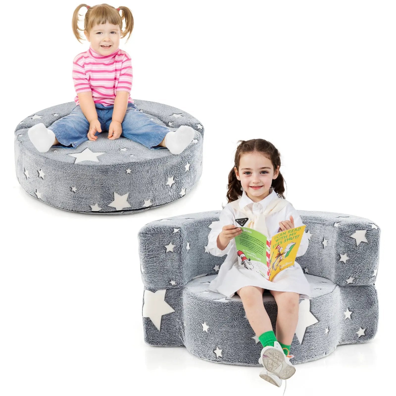 2-in-1 Convertible Glow in the Dark Kids Sofa with Removable Washable Cover-Gray by DirectDeals