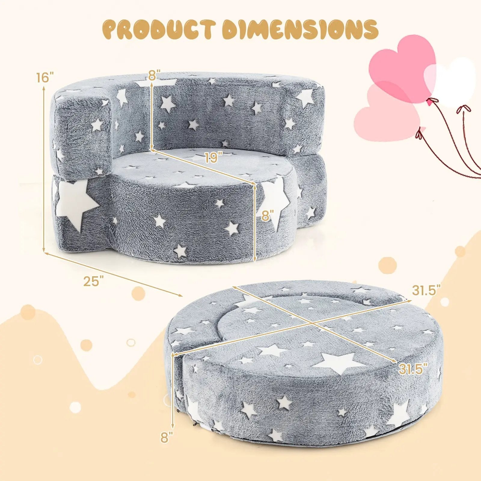 2-in-1 Convertible Glow in the Dark Kids Sofa with Removable Washable Cover-Gray by DirectDeals