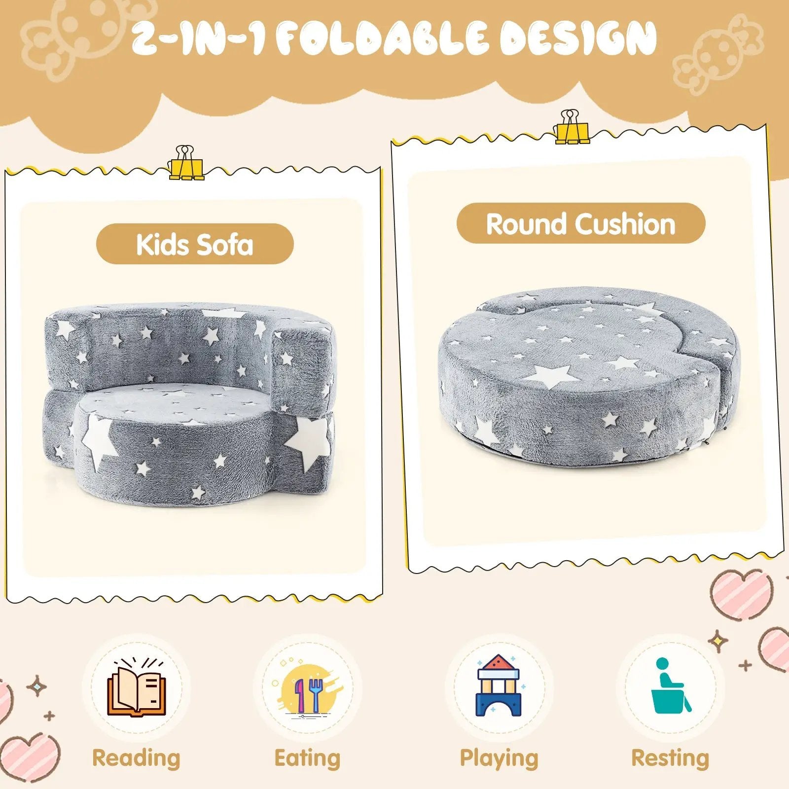 2-in-1 Convertible Glow in the Dark Kids Sofa with Removable Washable Cover-Gray by DirectDeals