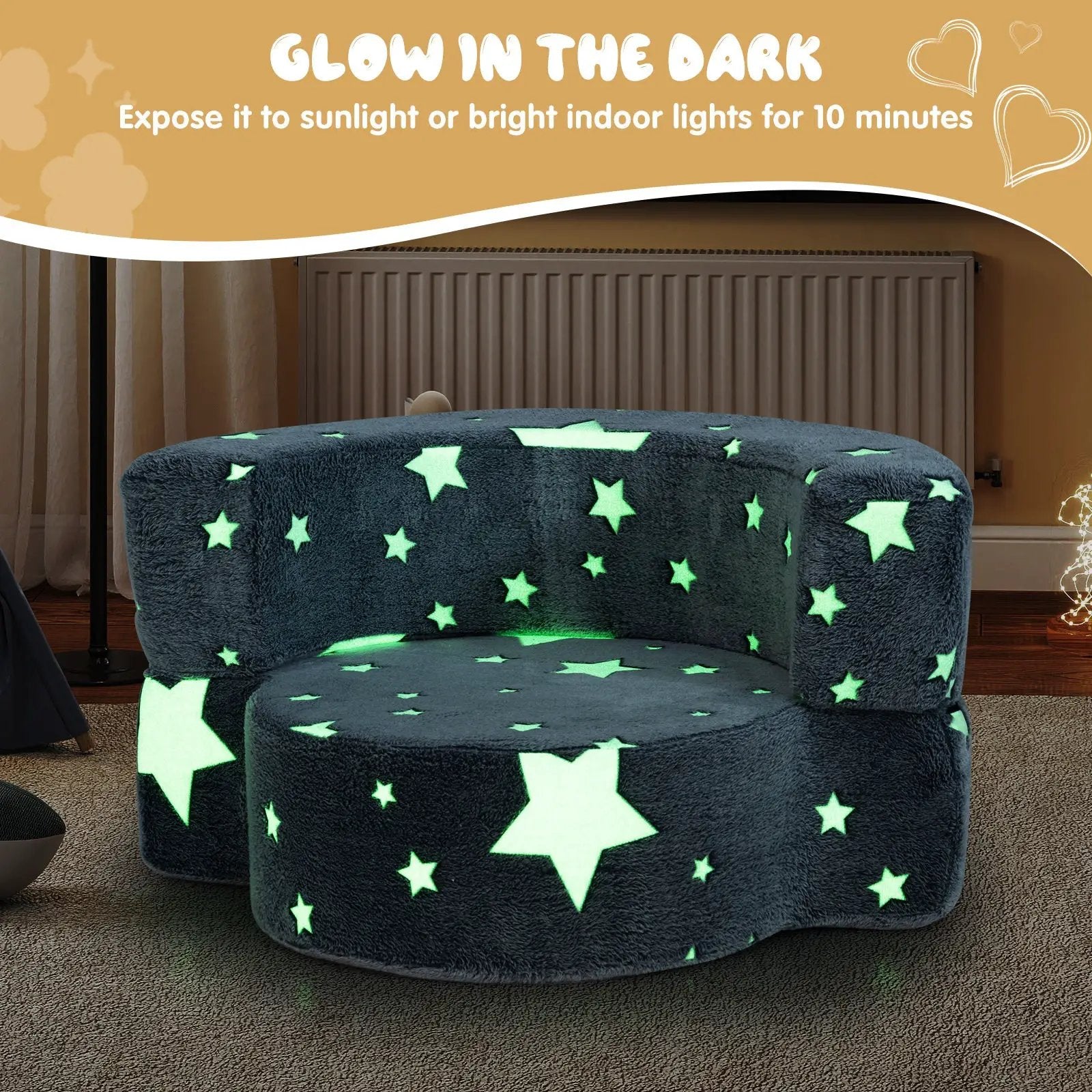 2-in-1 Convertible Glow in the Dark Kids Sofa with Removable Washable Cover-Gray by DirectDeals