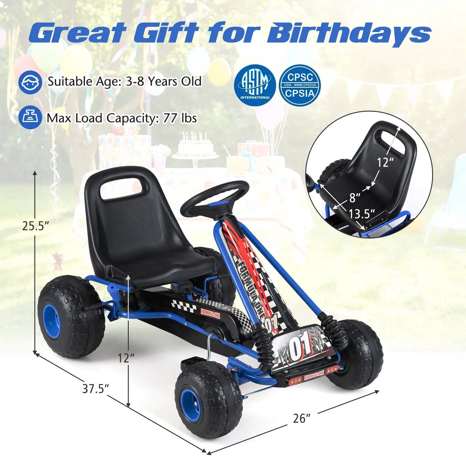 Go Kart for Kids 4 Wheels Pedal with Adjustable Seat and Multi-Terrain Wheels by DirectDeals