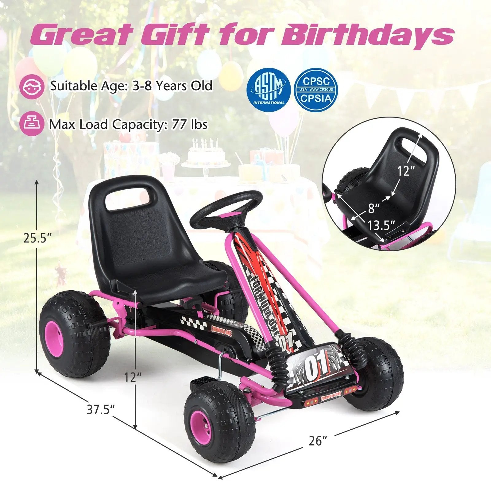 Go Kart for Kids 4 Wheels Pedal with Adjustable Seat and Multi-Terrain Wheels by DirectDeals