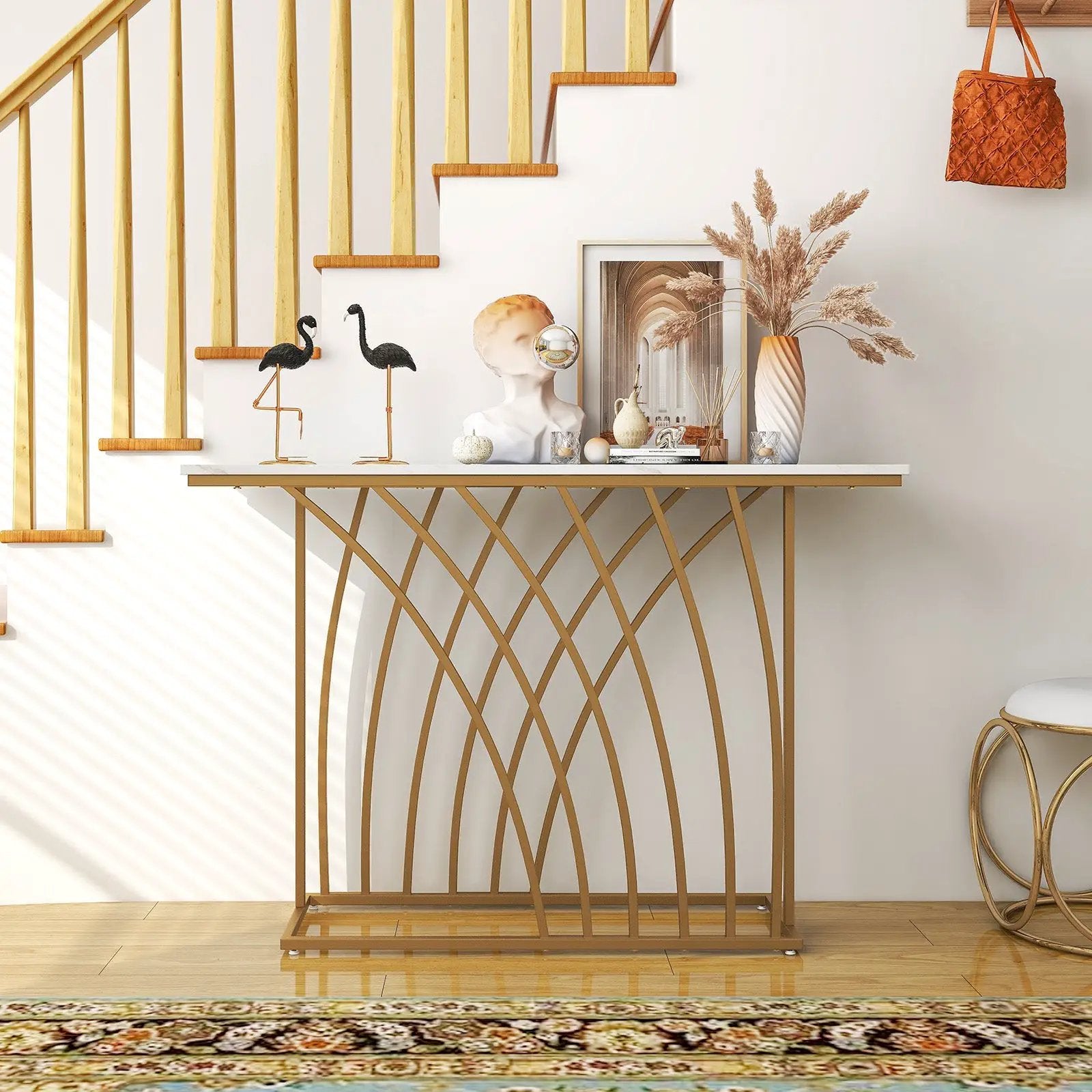 48 Inch Gold Console Table with White Faux Marble Tabletop-White by DirectDeals
