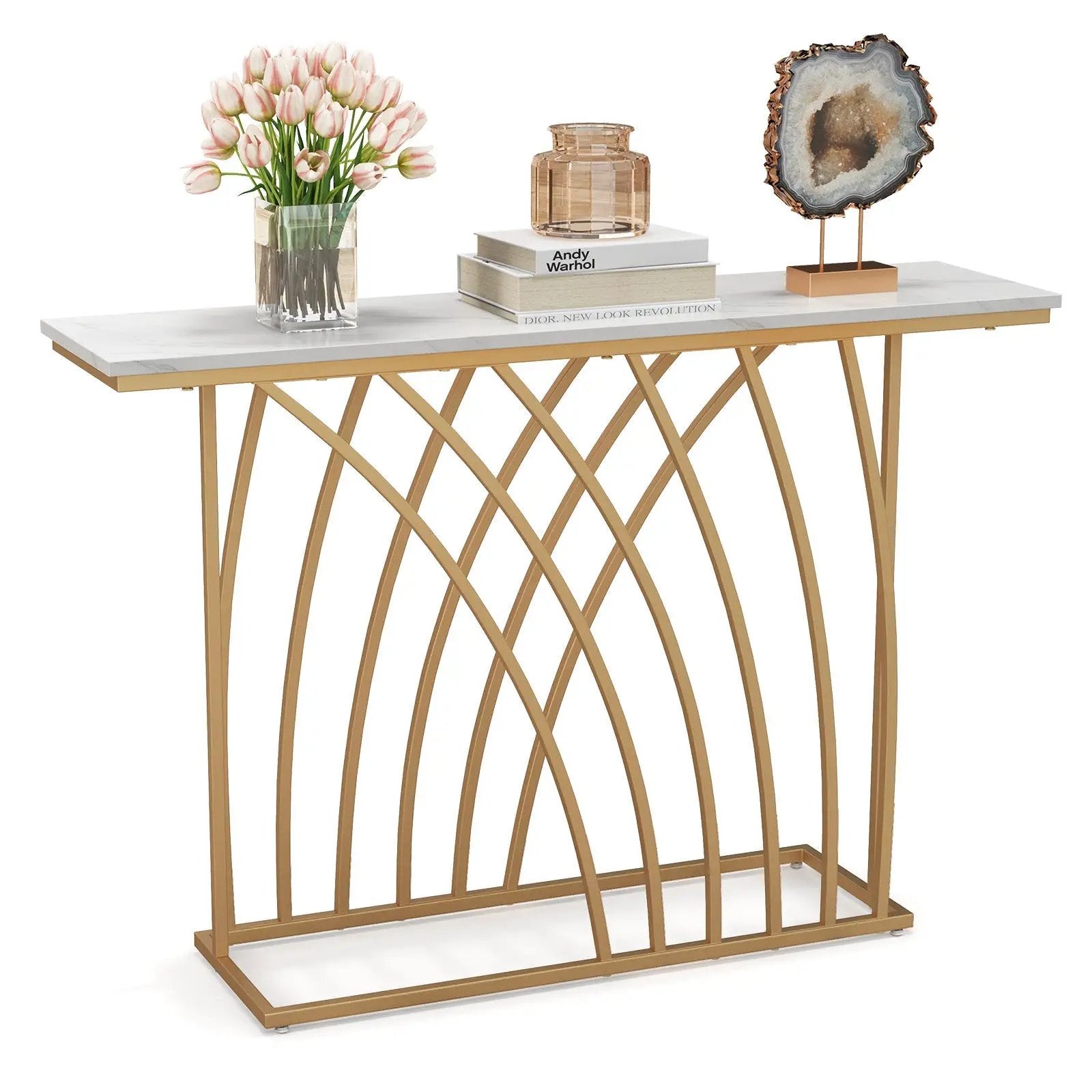 48 Inch Gold Console Table with White Faux Marble Tabletop-White by DirectDeals