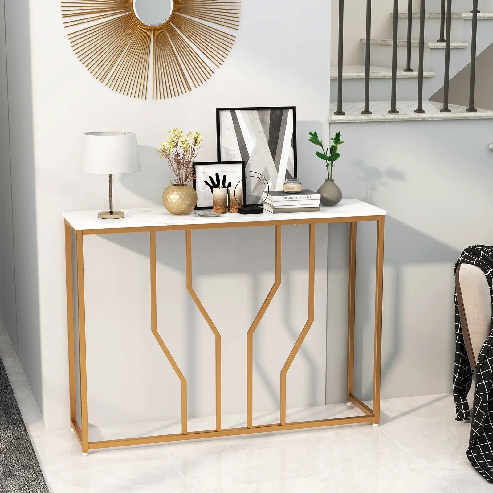 44 Inch Modern White Entryway Table with Faux Marble Tabletop-White by DirectDeals