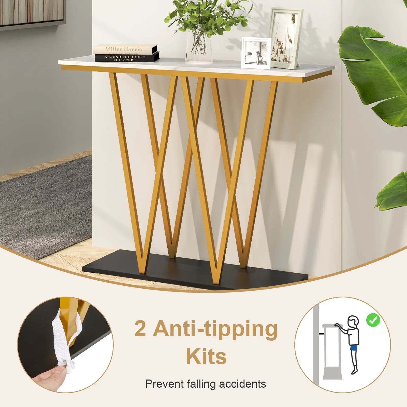 Gold Entryway Table 40 Inch Modern Console Table with Faux Marble Table and Metal Frame-White by DirectDeals