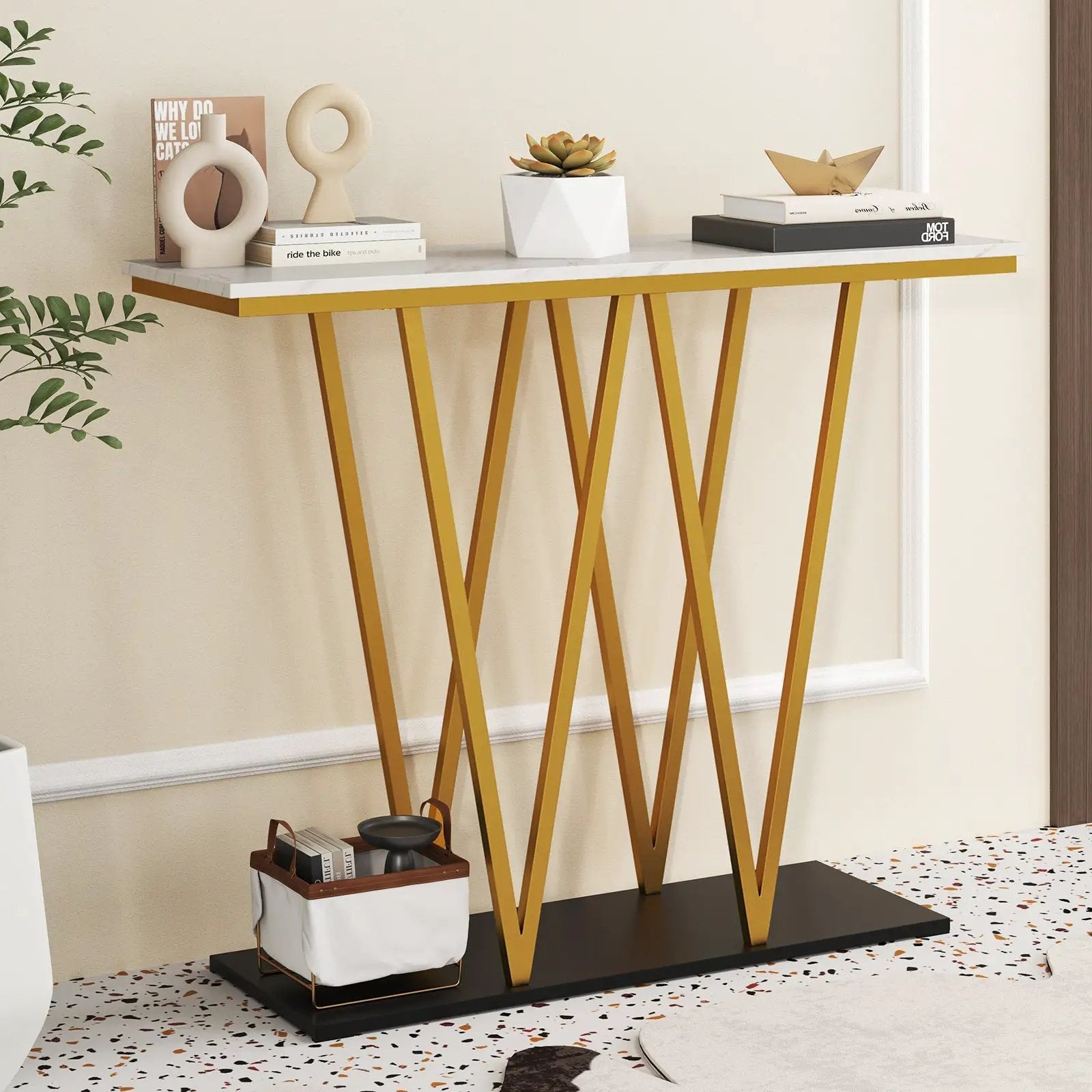 Gold Entryway Table 40 Inch Modern Console Table with Faux Marble Table and Metal Frame-White by DirectDeals