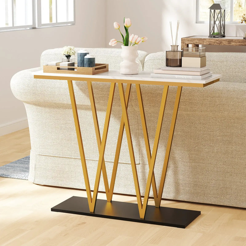 Gold Entryway Table 40 Inch Modern Console Table with Faux Marble Table and Metal Frame-White by DirectDeals