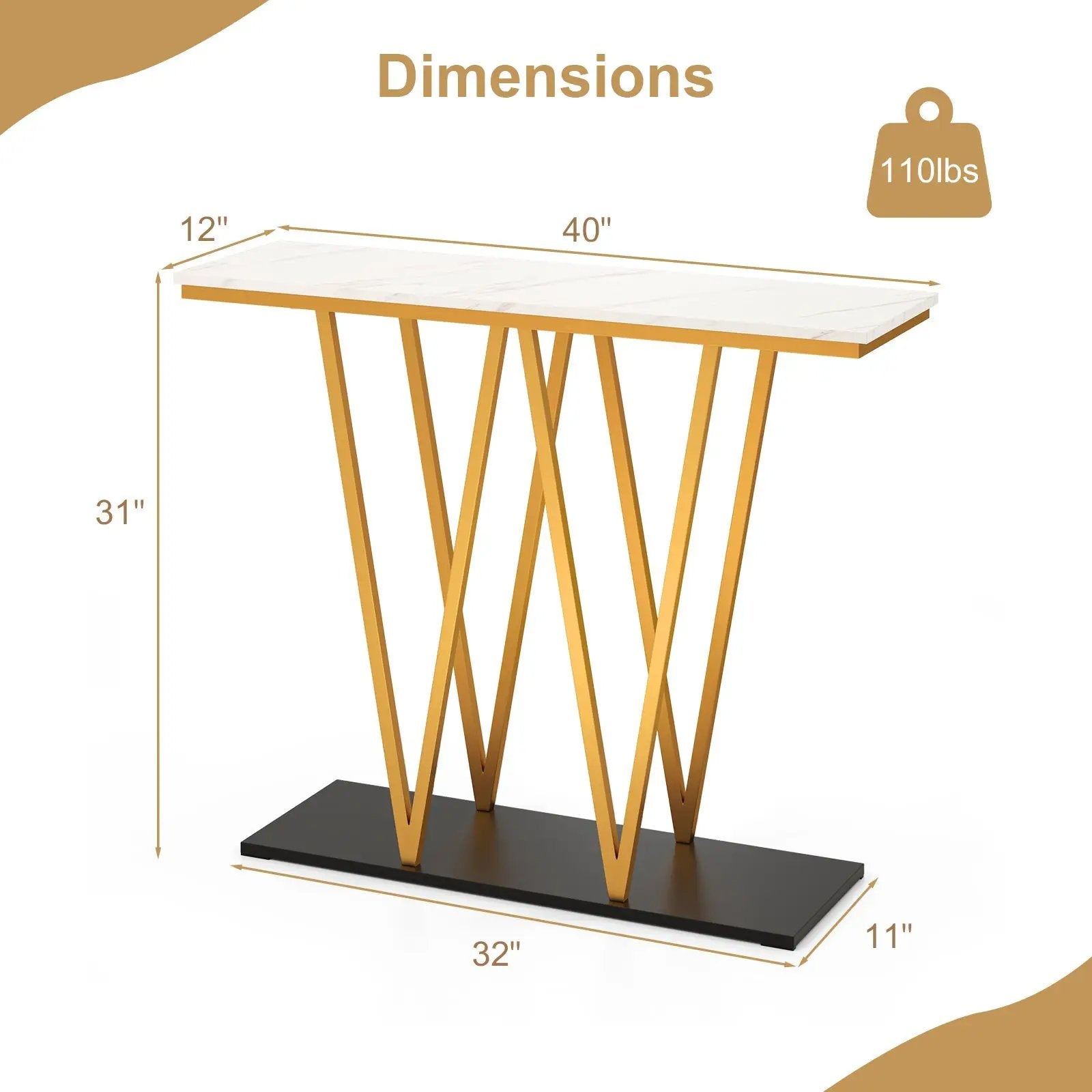 Gold Entryway Table 40 Inch Modern Console Table with Faux Marble Table and Metal Frame-White by DirectDeals
