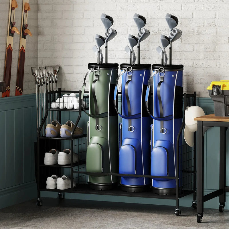 Golf Bag Organizer 3 Golf Bag Stand with Lockable Wheels and Hooks-Black by DirectDeals
