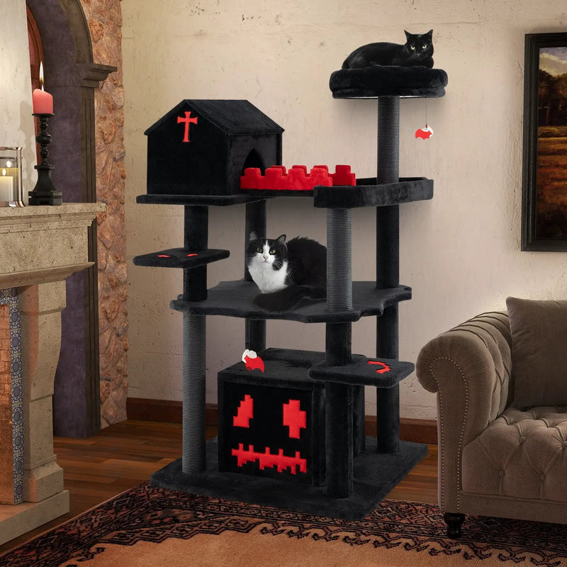 Gothic Cat Tree 49 Inch Tall Cat Tower 6-Tier Cat Activity Center with Coffin Bed-Black by DirectDeals