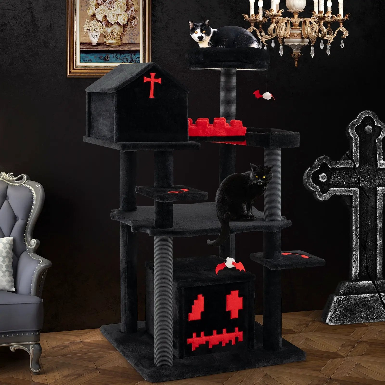 Gothic Cat Tree 49 Inch Tall Cat Tower 6-Tier Cat Activity Center with Coffin Bed-Black by DirectDeals