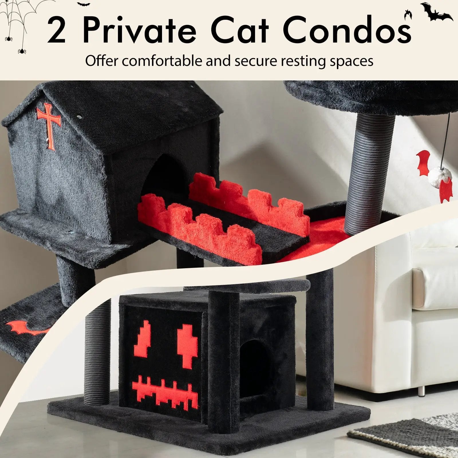 Gothic Cat Tree 49 Inch Tall Cat Tower 6-Tier Cat Activity Center with Coffin Bed-Black by DirectDeals