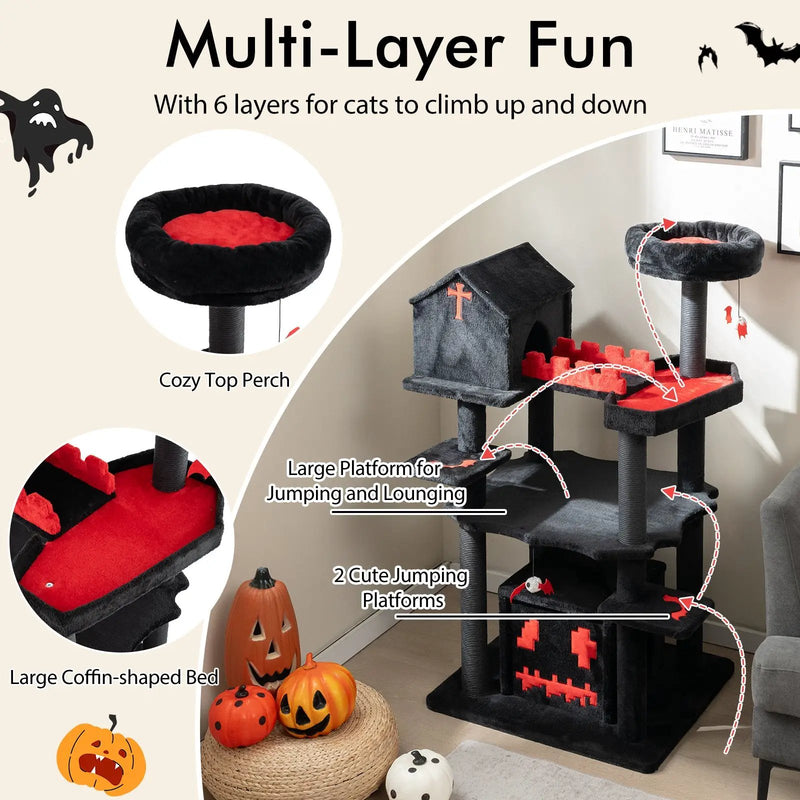Gothic Cat Tree 49 Inch Tall Cat Tower 6-Tier Cat Activity Center with Coffin Bed-Black by DirectDeals