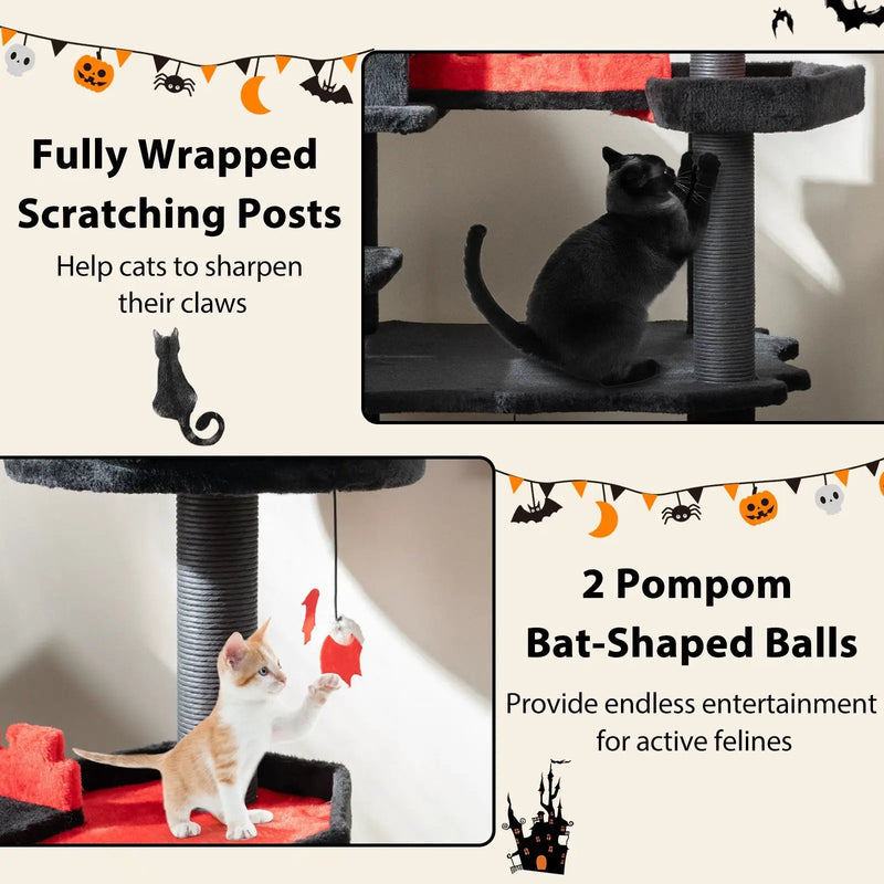 Gothic Cat Tree 49 Inch Tall Cat Tower 6-Tier Cat Activity Center with Coffin Bed-Black by DirectDeals