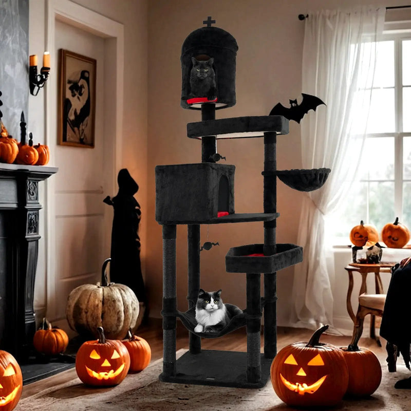 Gothic Cat Tree with 2 Cat Condos and Coffin Bed for Indoor Cats-Black by DirectDeals