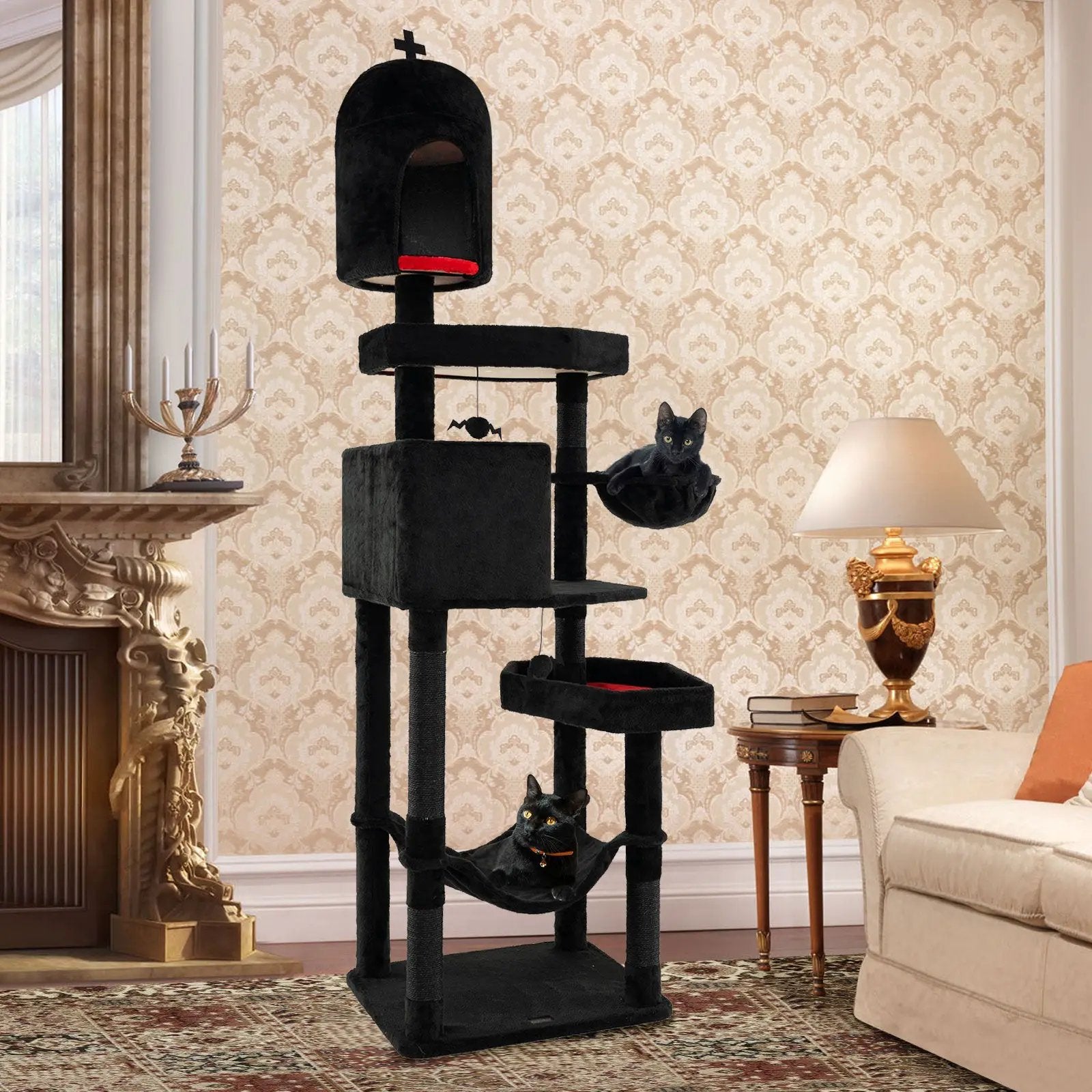 Gothic Cat Tree with 2 Cat Condos and Coffin Bed for Indoor Cats-Black by DirectDeals