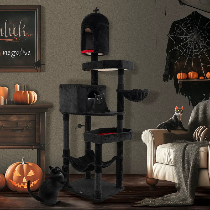 Gothic Cat Tree with 2 Cat Condos and Coffin Bed for Indoor Cats-Black by DirectDeals