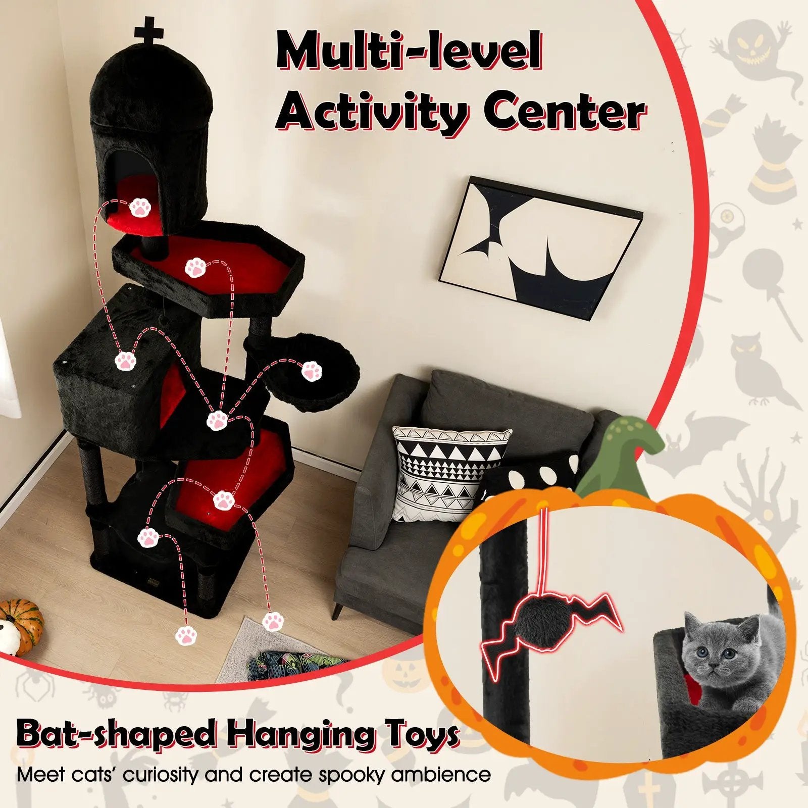 Gothic Cat Tree with 2 Cat Condos and Coffin Bed for Indoor Cats-Black by DirectDeals