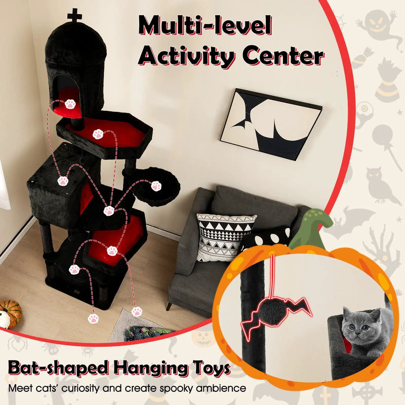 Gothic Cat Tree with 2 Cat Condos and Coffin Bed for Indoor Cats-Black by DirectDeals