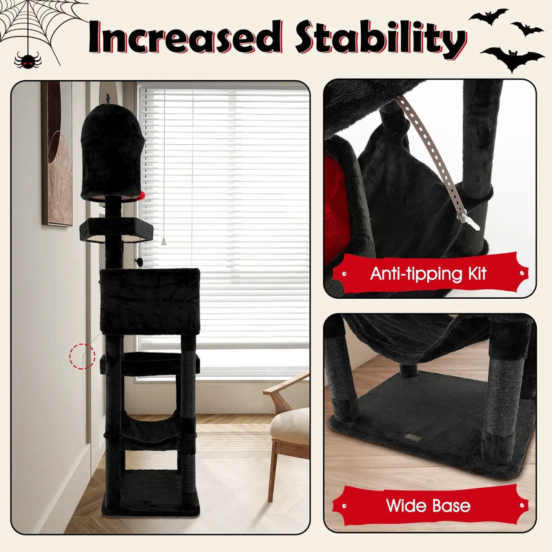 Gothic Cat Tree with 2 Cat Condos and Coffin Bed for Indoor Cats-Black by DirectDeals