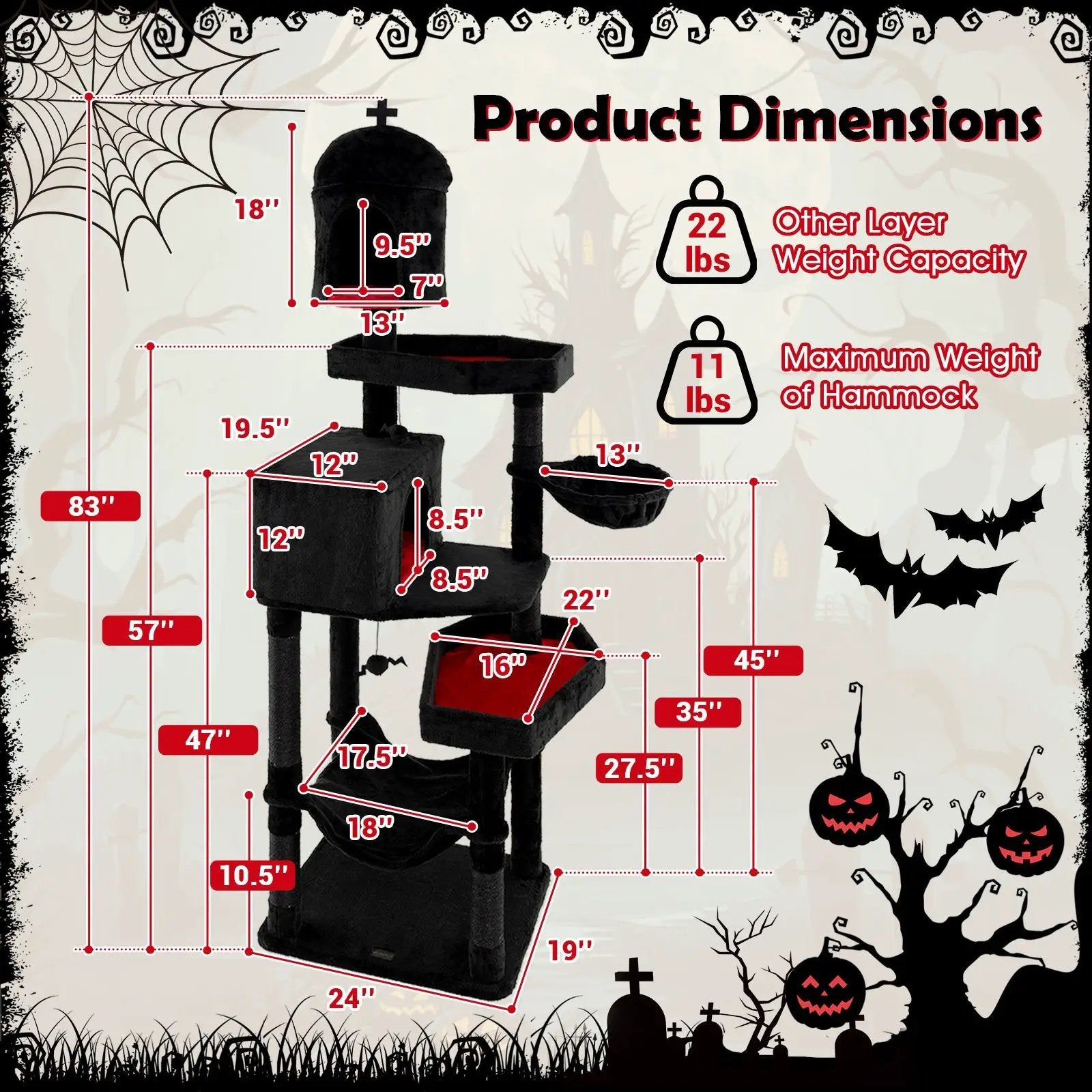 Gothic Cat Tree with 2 Cat Condos and Coffin Bed for Indoor Cats-Black by DirectDeals