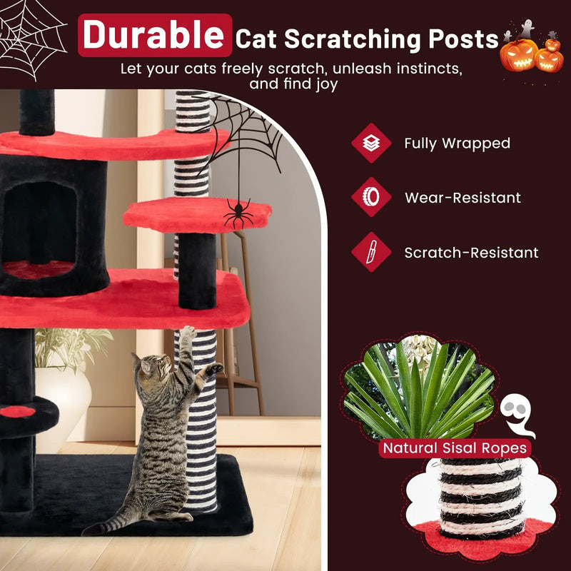 Gothic Cat Tree with Cat Bed Cat Condo and Sisal Scratching Post-Black & Red by DirectDeals