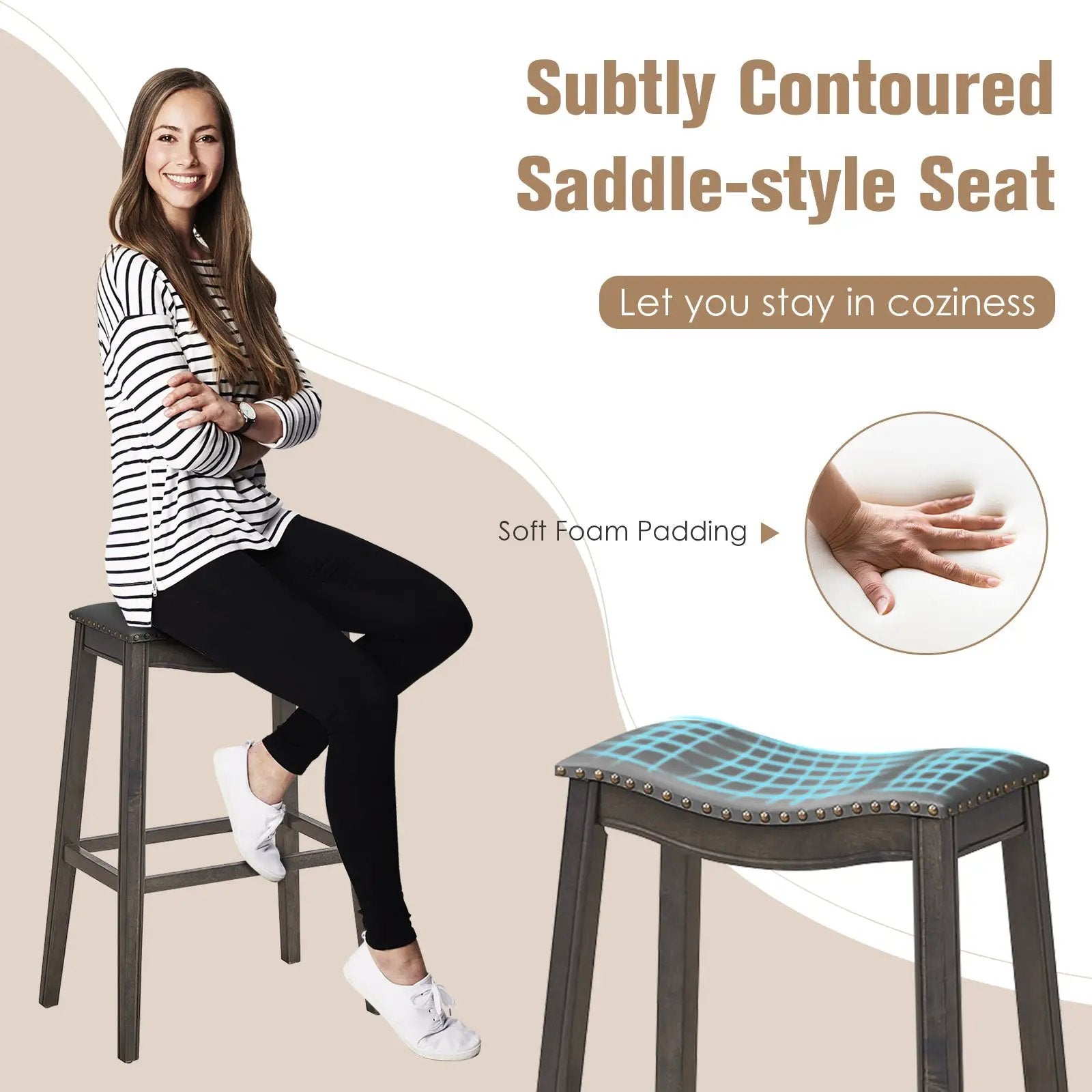 29 Inch Set of 2 Backless Wood Nailhead Barstools with PVC Leather Seat by DirectDeals