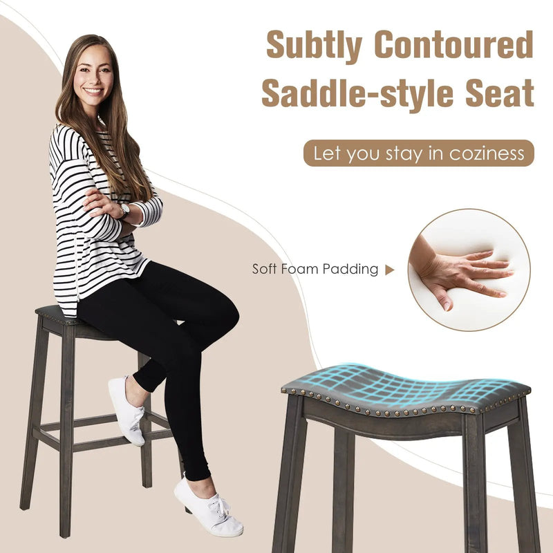 29 Inch Set of 2 Backless Wood Nailhead Barstools with PVC Leather Seat by DirectDeals