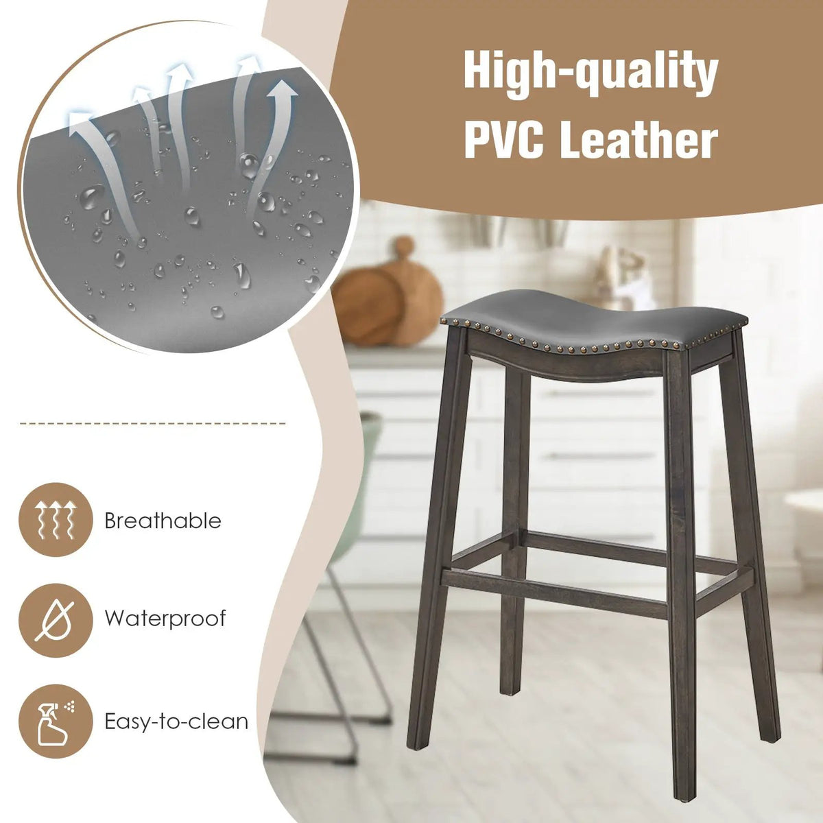 29 Inch Set of 2 Backless Wood Nailhead Barstools with PVC Leather Seat, photo 5 of 9