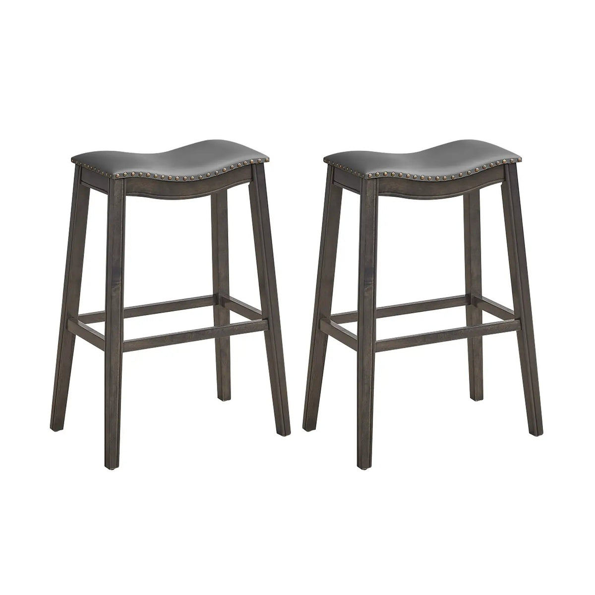 29 Inch Set of 2 Backless Wood Nailhead Barstools with PVC Leather Seat, photo 3 of 9