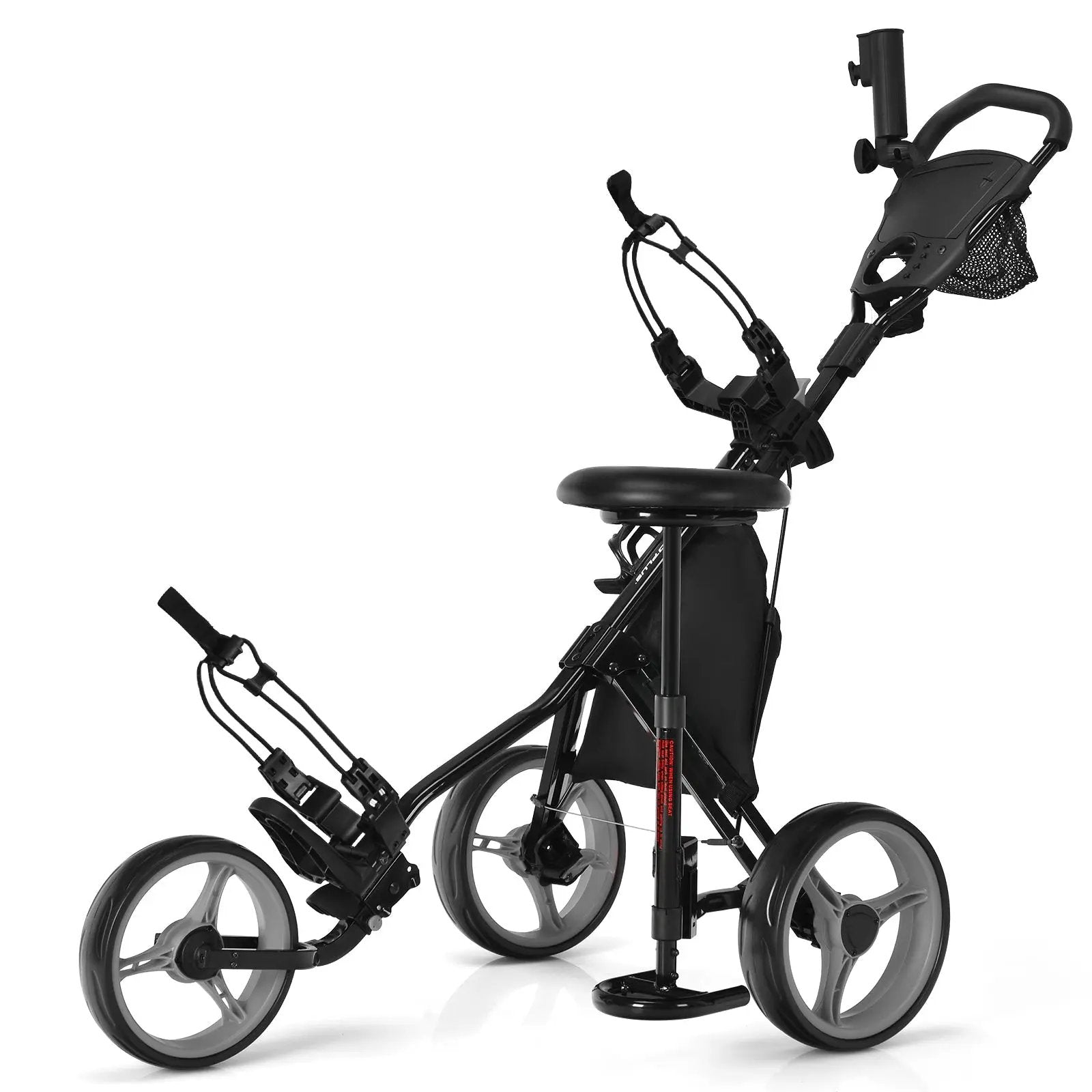 3 Wheels Folding Golf Push Cart with Seat Scoreboard and Adjustable Handle by DirectDeals