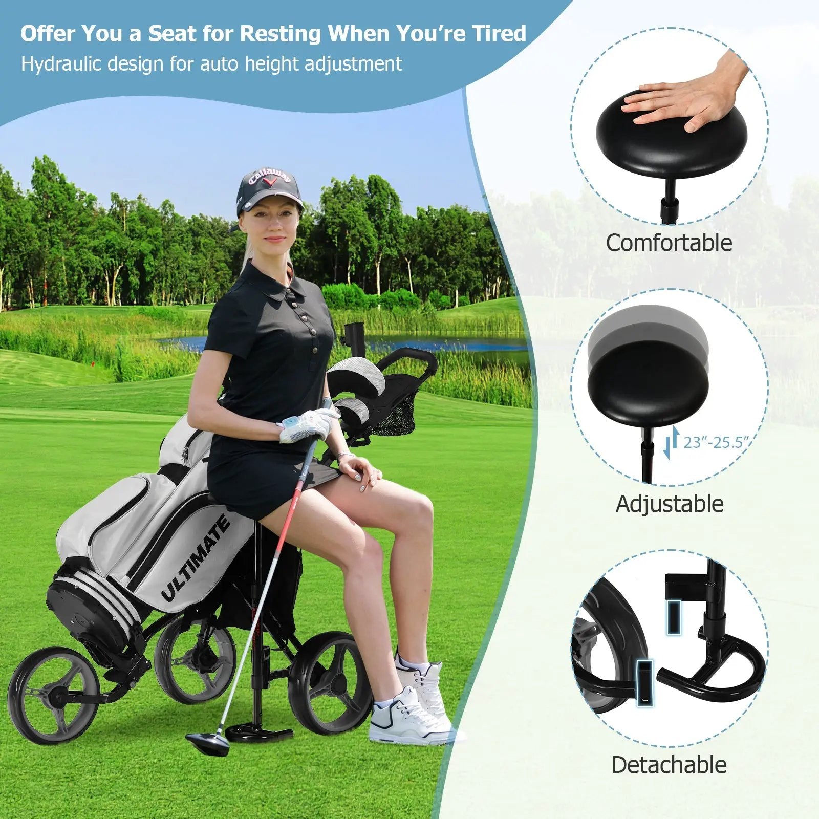 3 Wheels Folding Golf Push Cart with Seat Scoreboard and Adjustable Handle by DirectDeals
