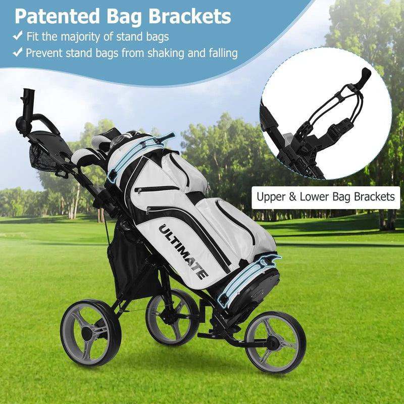 3 Wheels Folding Golf Push Cart with Seat Scoreboard and Adjustable Handle by DirectDeals