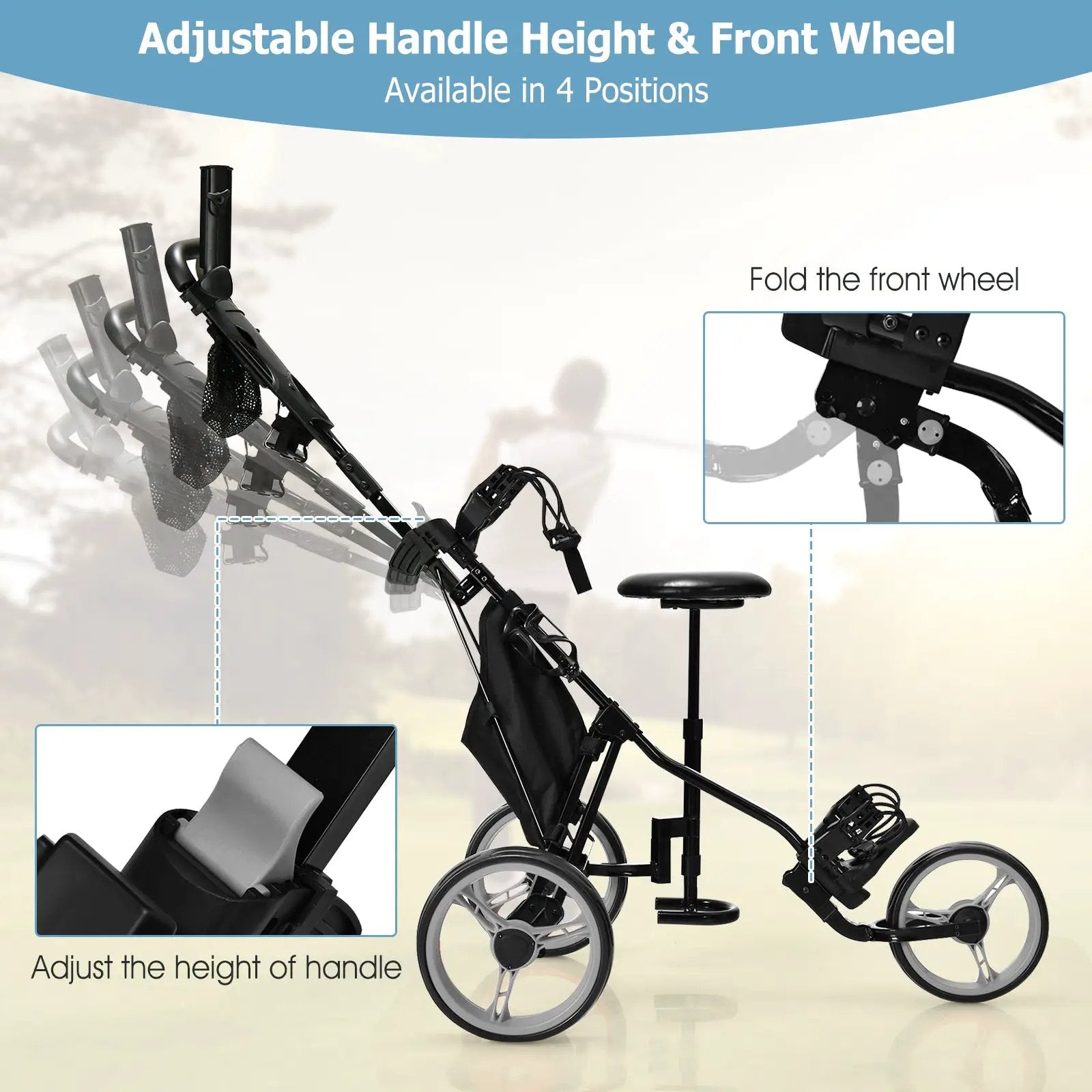 3 Wheels Folding Golf Push Cart with Seat Scoreboard and Adjustable Handle by DirectDeals