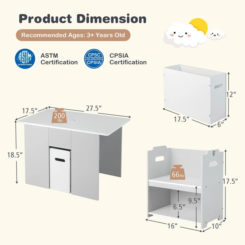 4-in-1 Kids Table and Chairs with Multiple Storage for Learning-Gray by DirectDeals