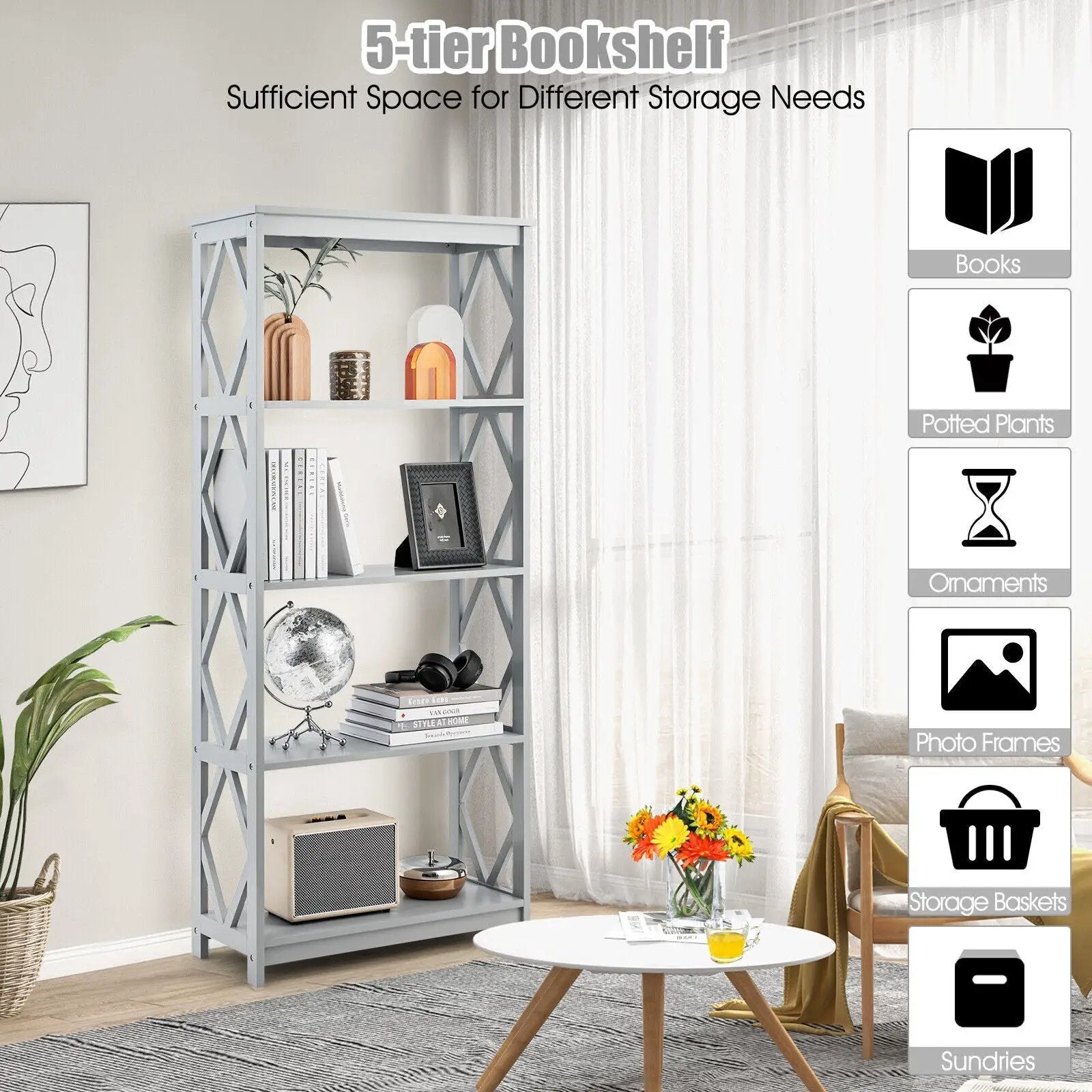 5-Tier Modern Freestanding Bookcase with Open Shelves by DirectDeals