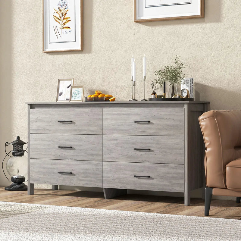 6-Drawer Wide Dresser Chest with Center Support and Anti-tip Kit-Gray by DirectDeals