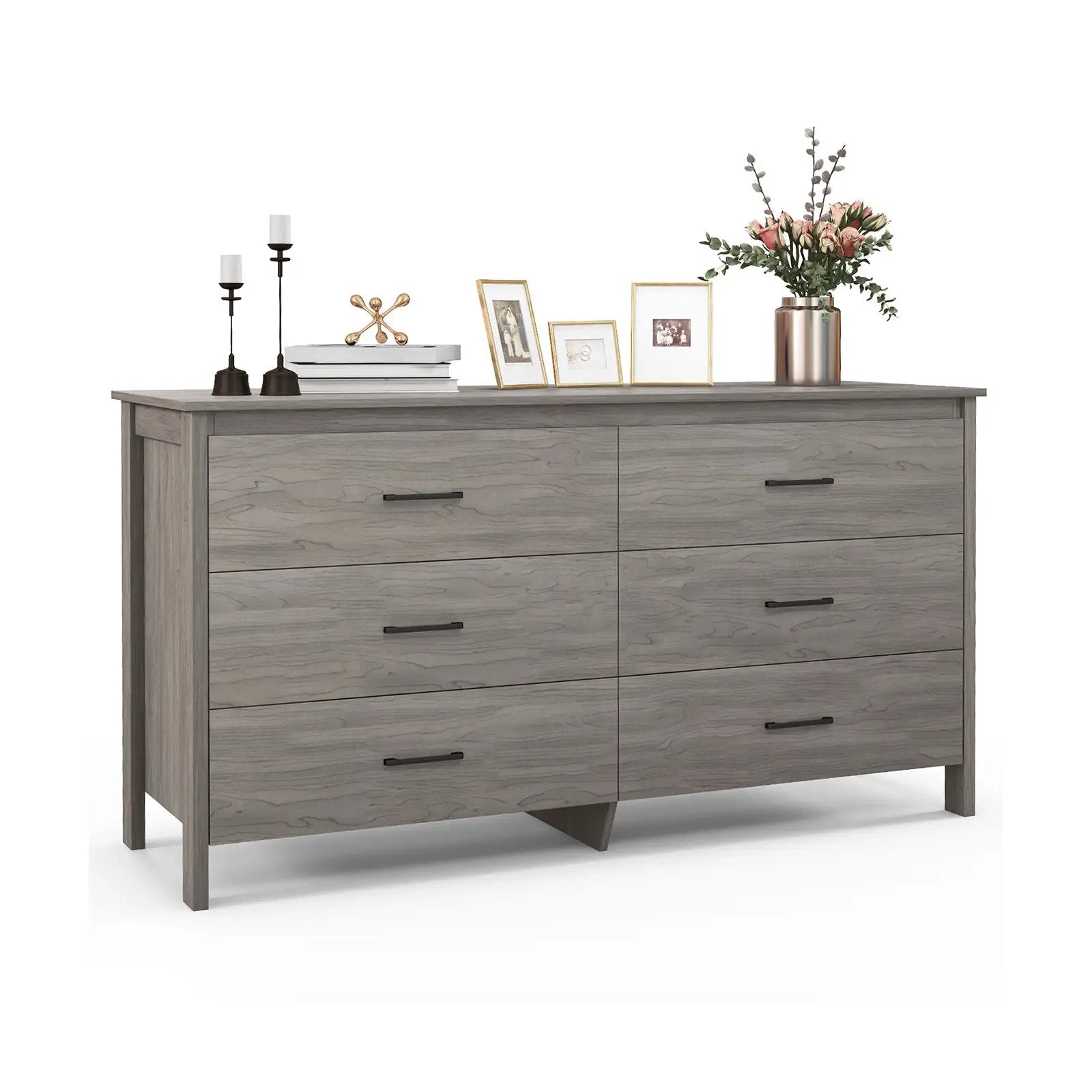 6-Drawer Wide Dresser Chest with Center Support and Anti-tip Kit-Gray by DirectDeals