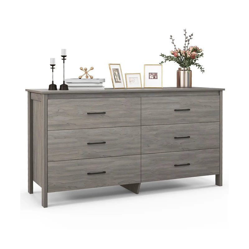6-Drawer Wide Dresser Chest with Center Support and Anti-tip Kit-Gray by DirectDeals