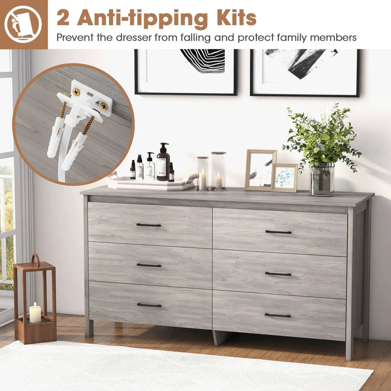 6-Drawer Wide Dresser Chest with Center Support and Anti-tip Kit-Gray by DirectDeals
