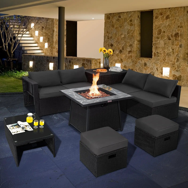 9 Pieces Outdoor Wicker Sectional with 35 Inch Gas Fire Pit Table by DirectDeals