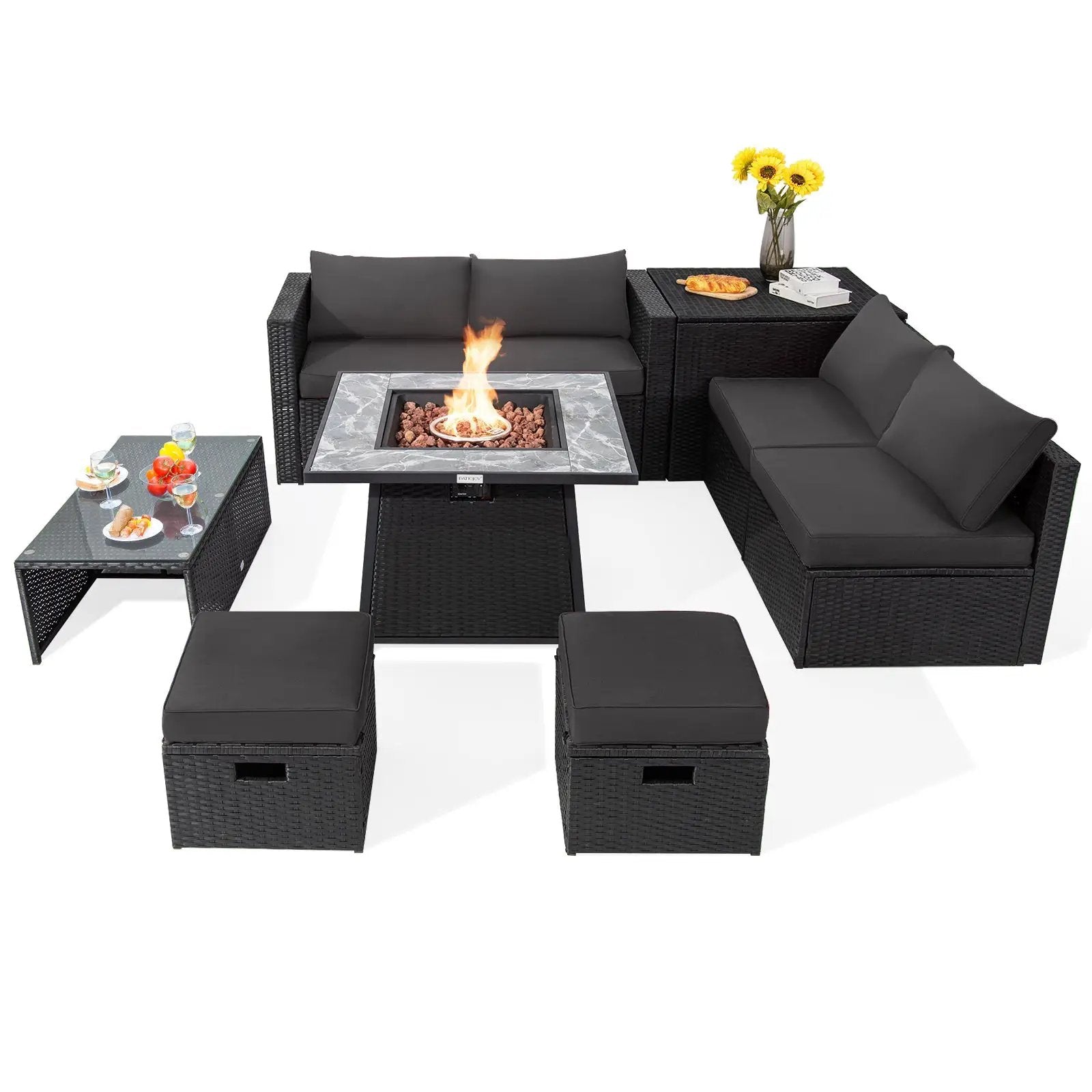 9 Pieces Outdoor Wicker Sectional with 35 Inch Gas Fire Pit Table by DirectDeals