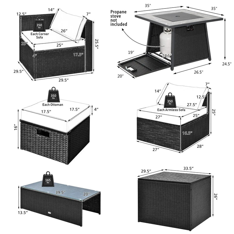 9 Pieces Outdoor Wicker Sectional with 35 Inch Gas Fire Pit Table by DirectDeals