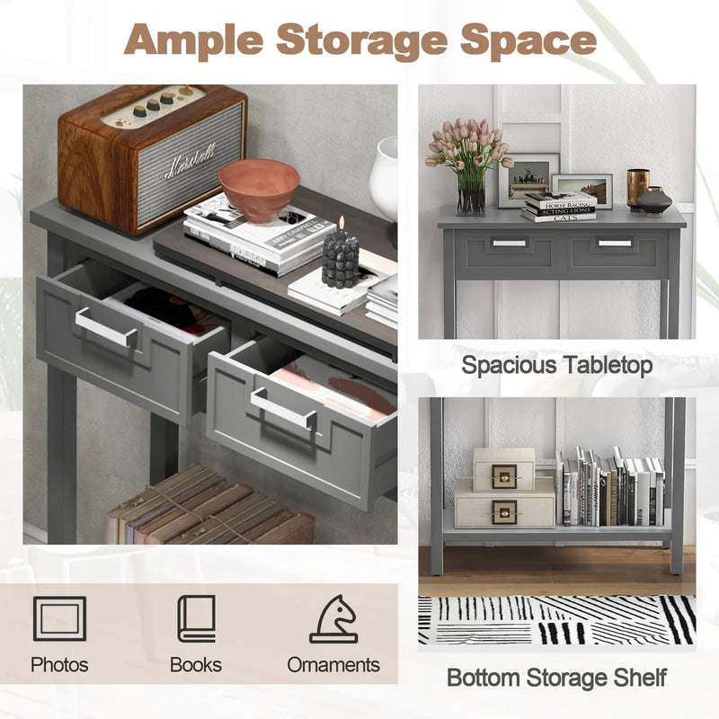 Narrow Console Table with Drawers and Open Storage Shelf by DirectDeals