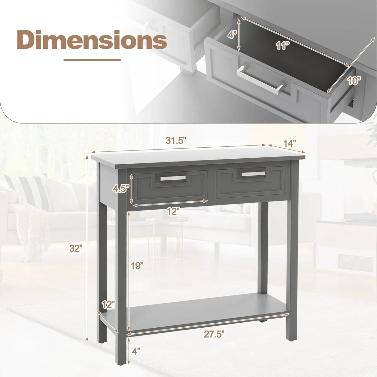 Narrow Console Table with Drawers and Open Storage Shelf, photo 3 of 24