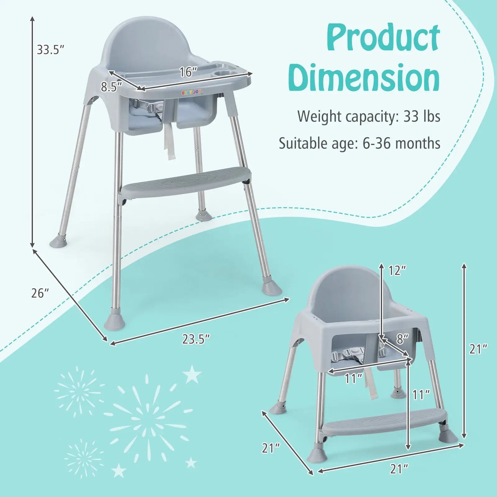 4-in-1 Convertible Baby High Chair with Removable Double Tray by DirectDeals