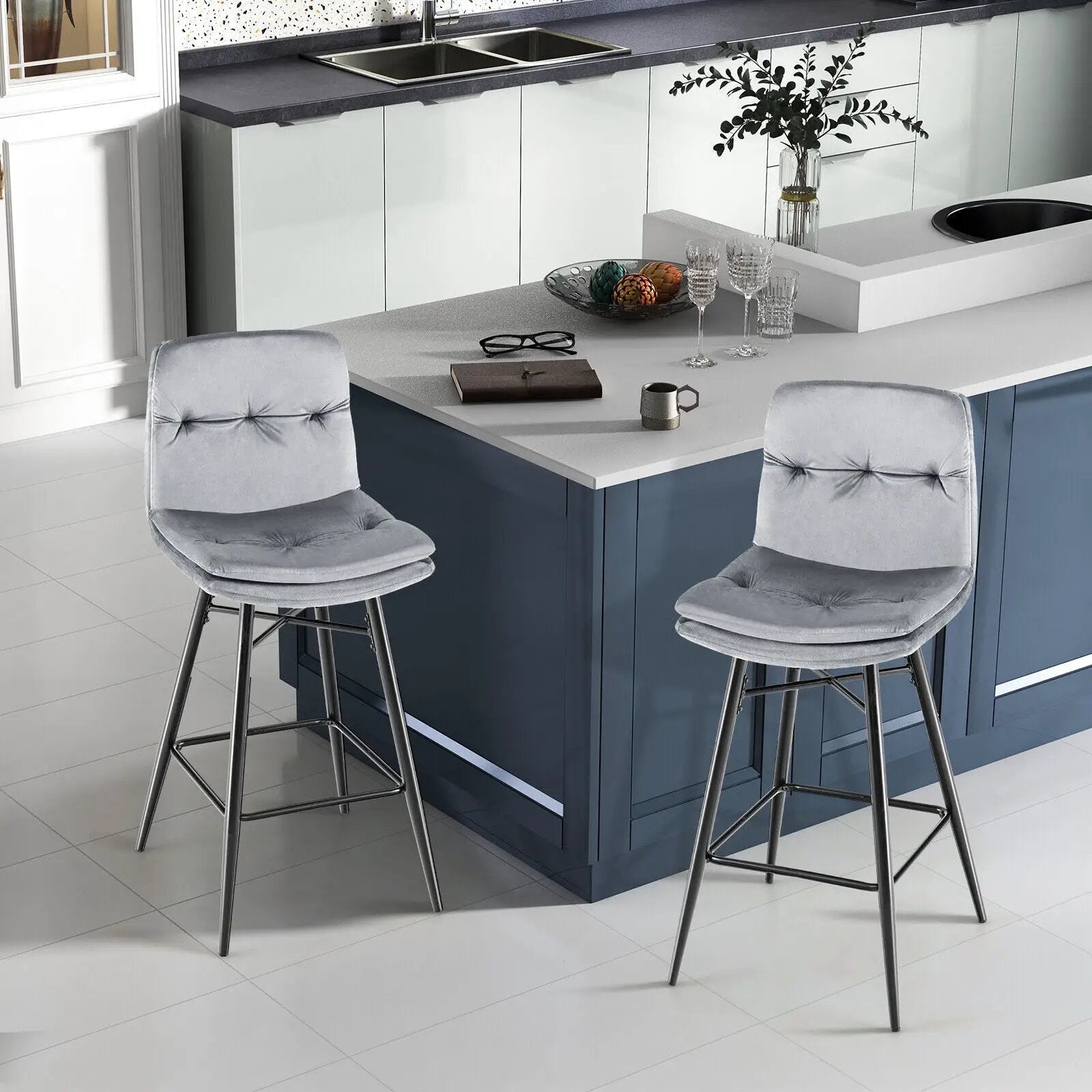 2 Pieces 29 Inch Velvet Bar Stools Set with Tufted Back and Footrests by DirectDeals