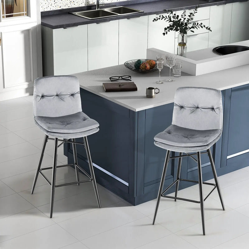 2 Pieces 29 Inch Velvet Bar Stools Set with Tufted Back and Footrests by DirectDeals